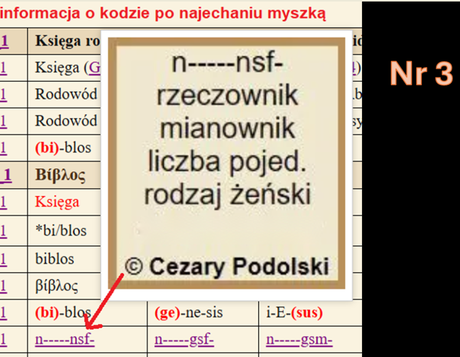 Tooltip z objaśnieniem kodu gramatycznego