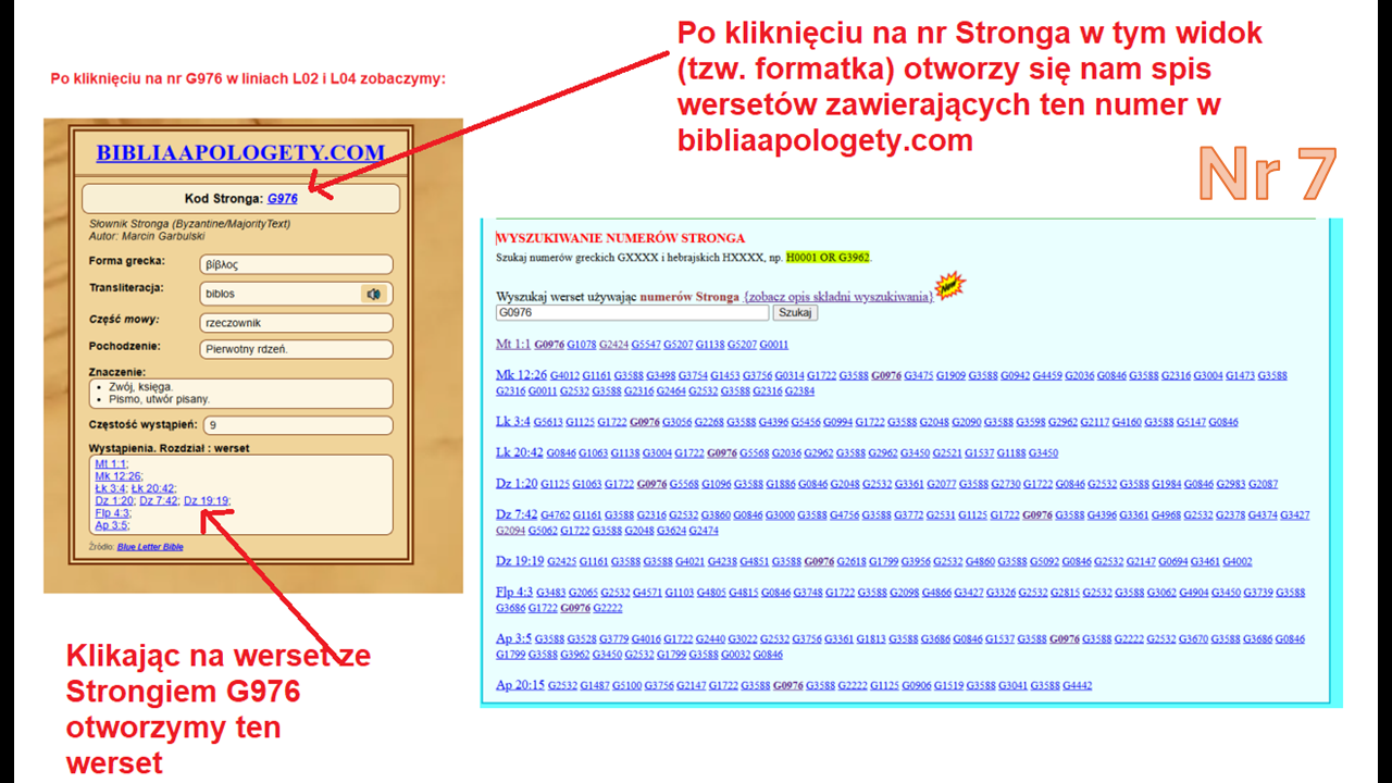 Kliknięcie numeru Stronga w formatce i przejście do spisu wersetów